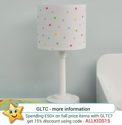 from GLTC, a children's white, bedside lamp, with pastel polka dot pattern to the shade.